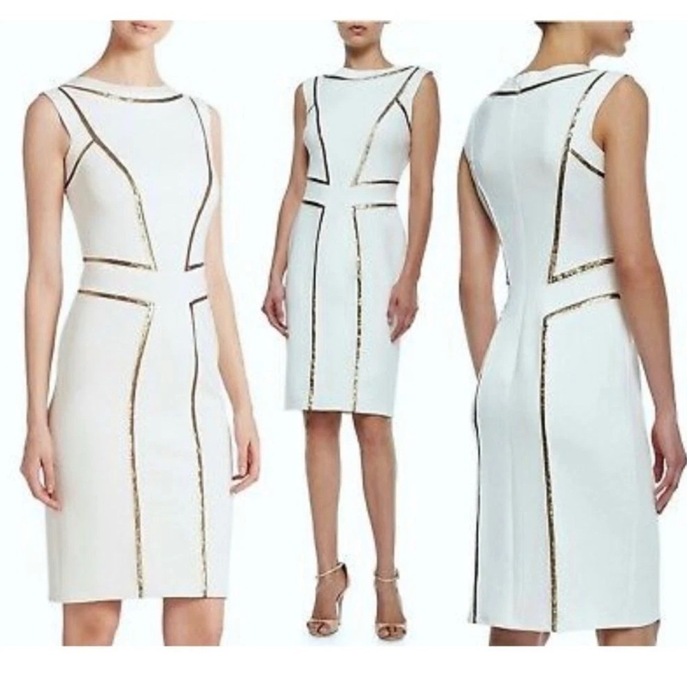 VINTAGE Women’s Size Small Tadashi Shoji White Dress with Gold Accents